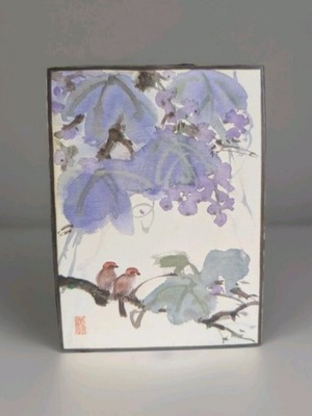 Vintage Japanese Shikishi Board Art Print Bird Wisteria Watercolor Style Signed